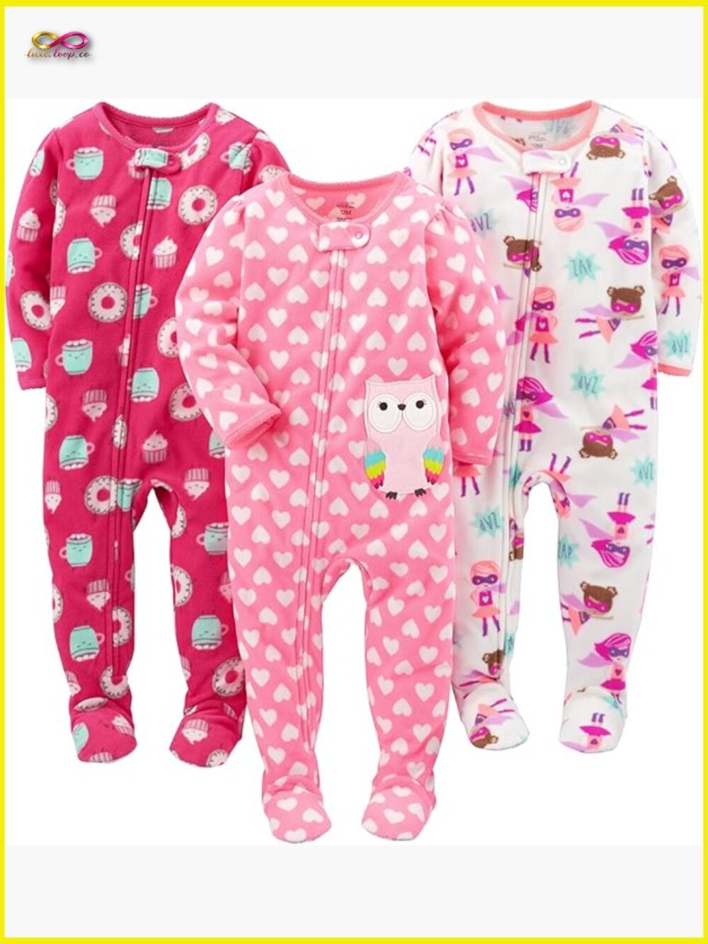 Loose-Fit Flame Resistant Fleece Footed Pajamas 3-Pack Kids Zipper Sleepwear